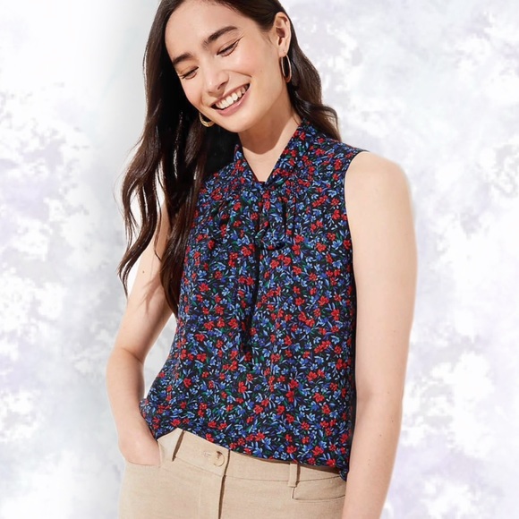 LOFT Floral Sleeveless Top - Blue and Red - Picture 1 of 15